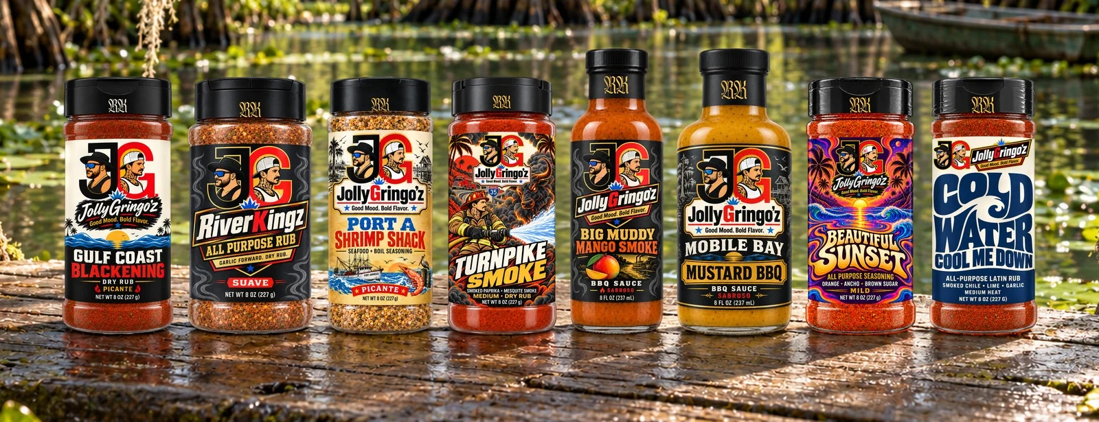 The eight bottles on a cypress bayou dock