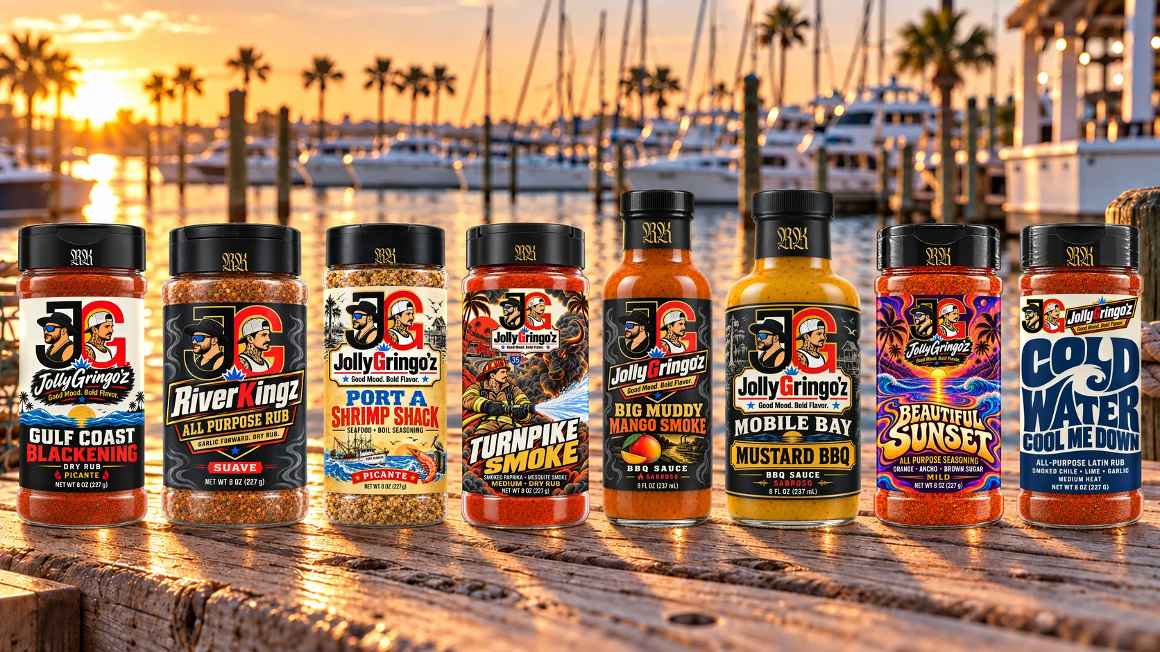 The eight JollyGringo'z Starting Lineup bottles lined up on a boat deck at golden hour